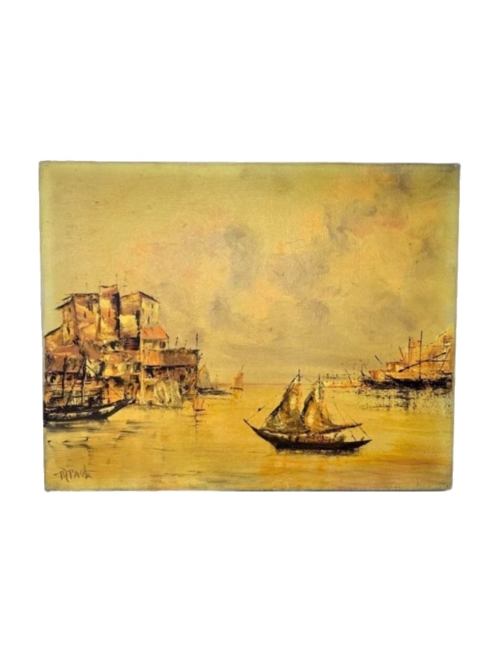 Bobbie Paul Vintage Oil Painting 11” X 14” Signed Boat Sea Scape Harbour Boats